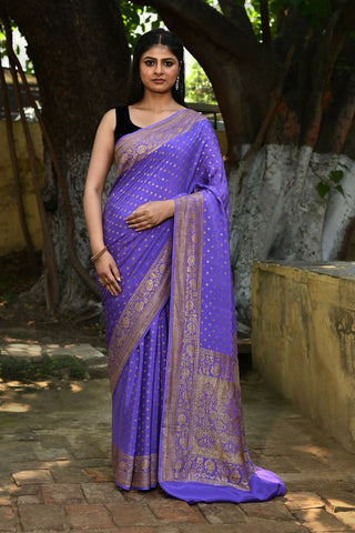 Joban Fashion Lavender Crepe Chiffon Pure Handloom Banarasi Silk Saree