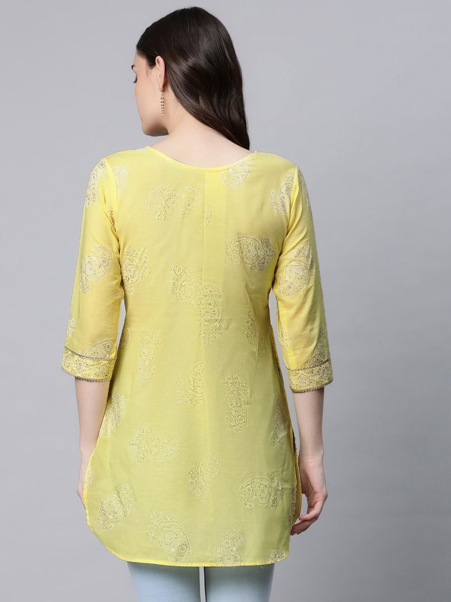 Ahalyaa Women Yellow Pure Cotton Glitter Print Tunic - Distacart