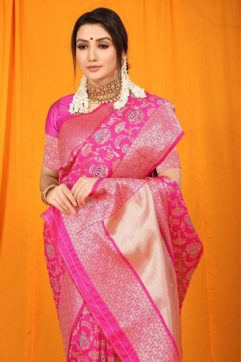 Jyoti Fashion Women's Rani Pink Kanjivaram Silk Zari Woven Saree with Blouse - Distacart