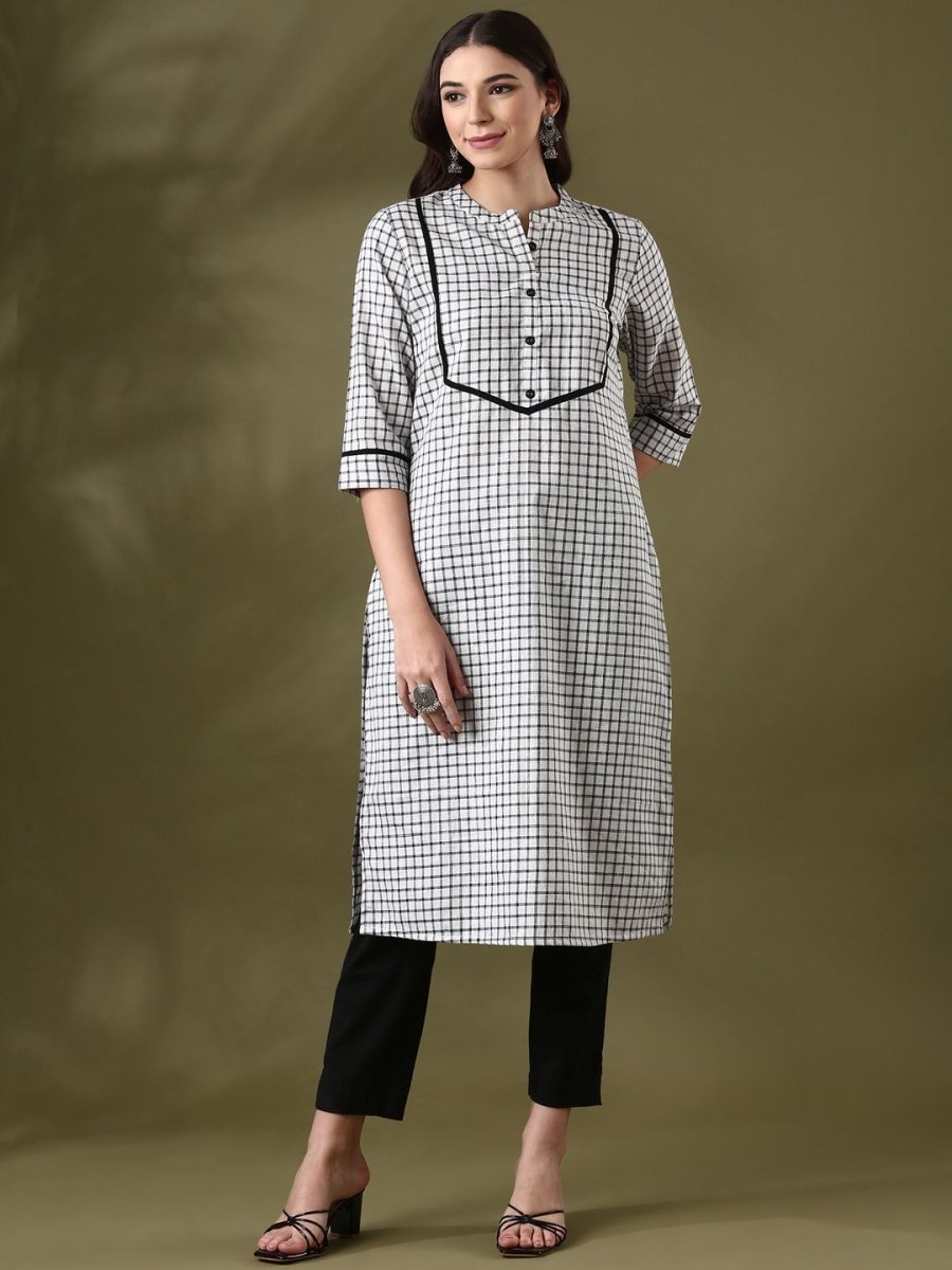 Anouk White Checked Mandarin Collar Pure Cotton Straight Kurta