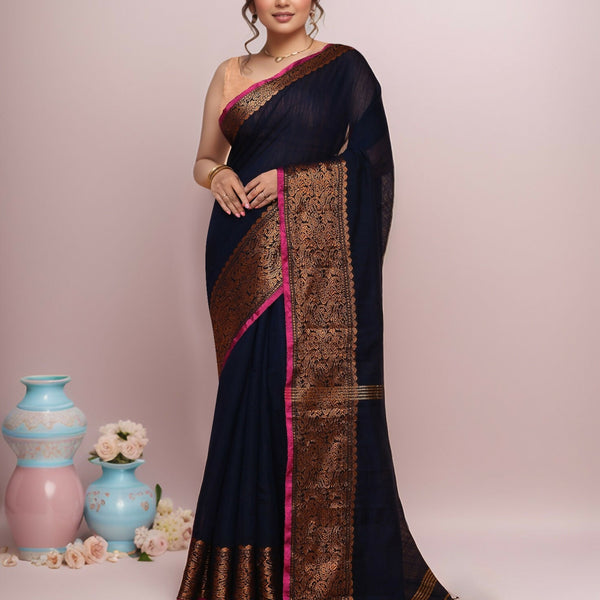 Joban Fashion Dark Blue Cotton Blend Handloom Saree - Dista