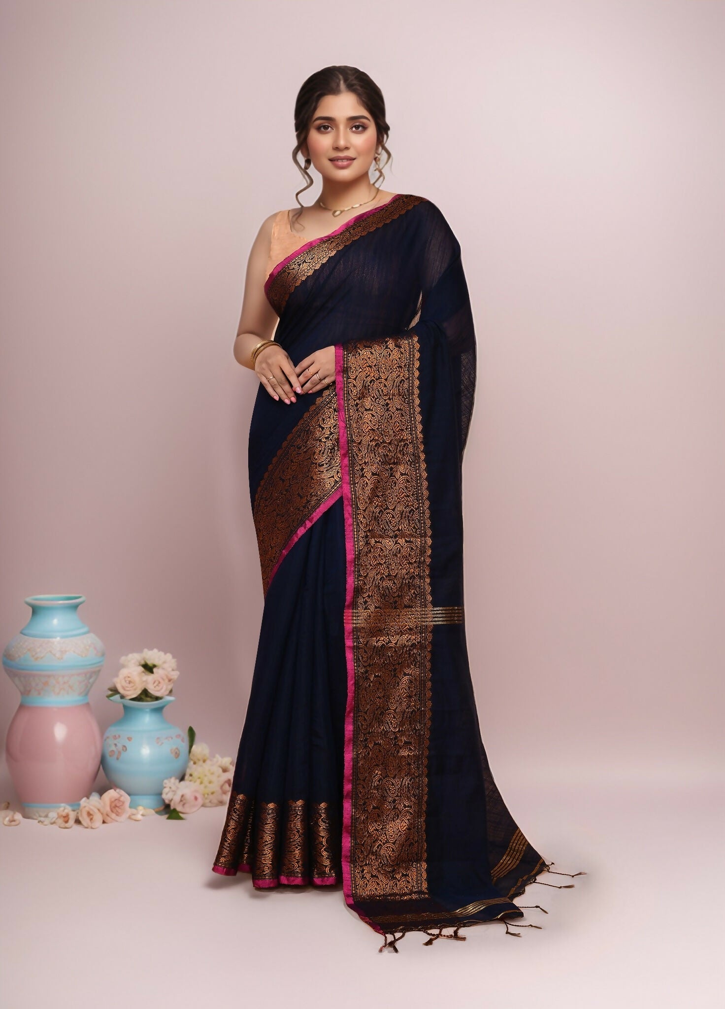 Joban Fashion Dark Blue Cotton Blend Handloom Saree - Dista