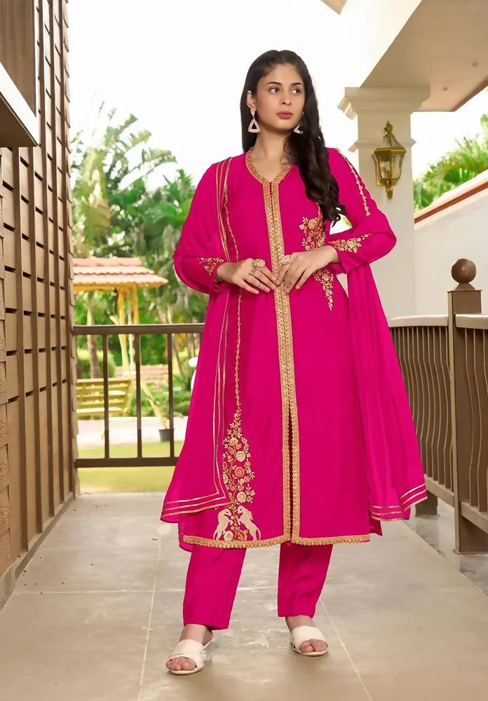 Nikhaar Pink Embroidered Art Silk A Line Readymade Pakistani Suit