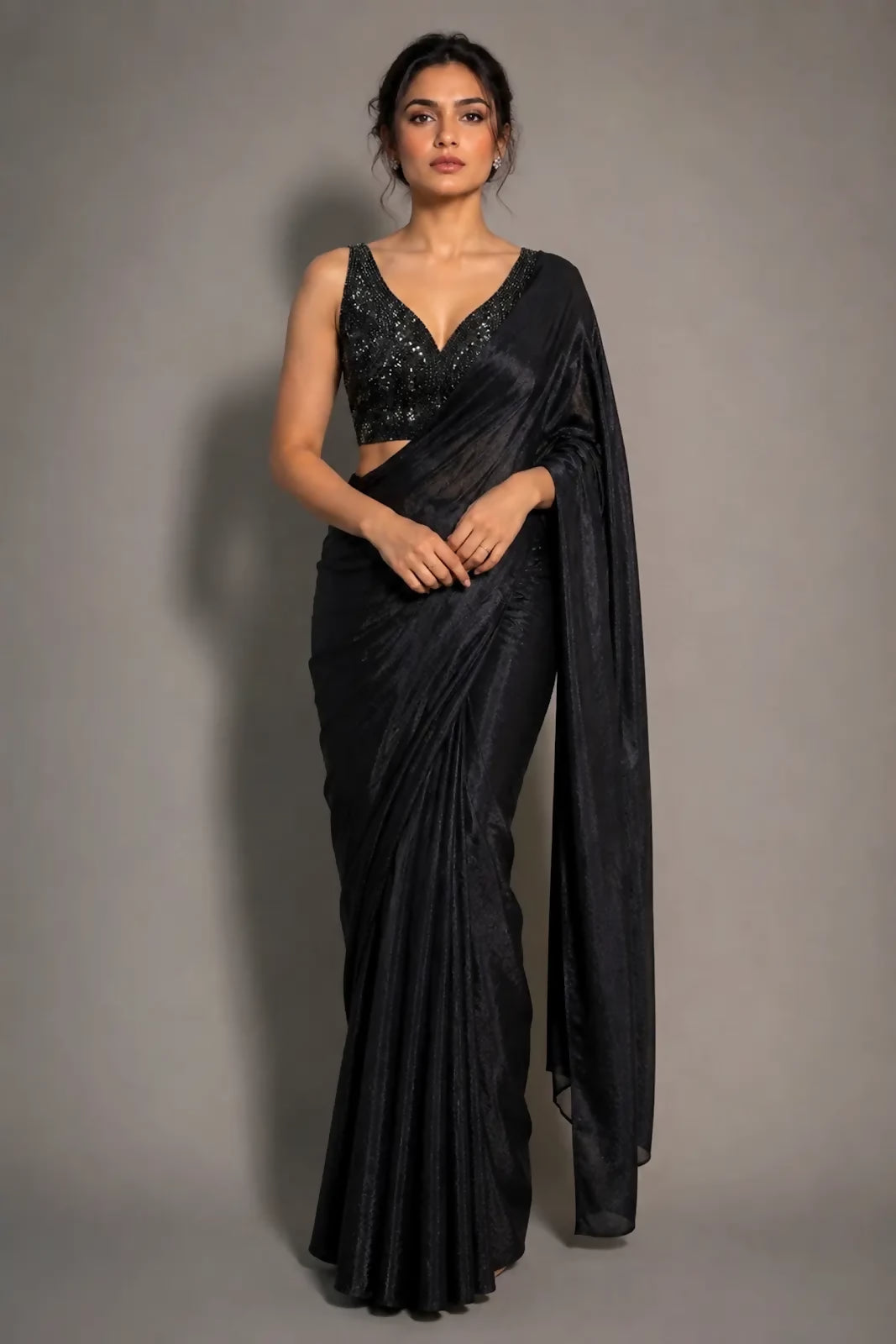 Creative Kendra Black Beads Work Shiny Georgette Partywear Saree With Full Of Beads Work Blouse Fabric