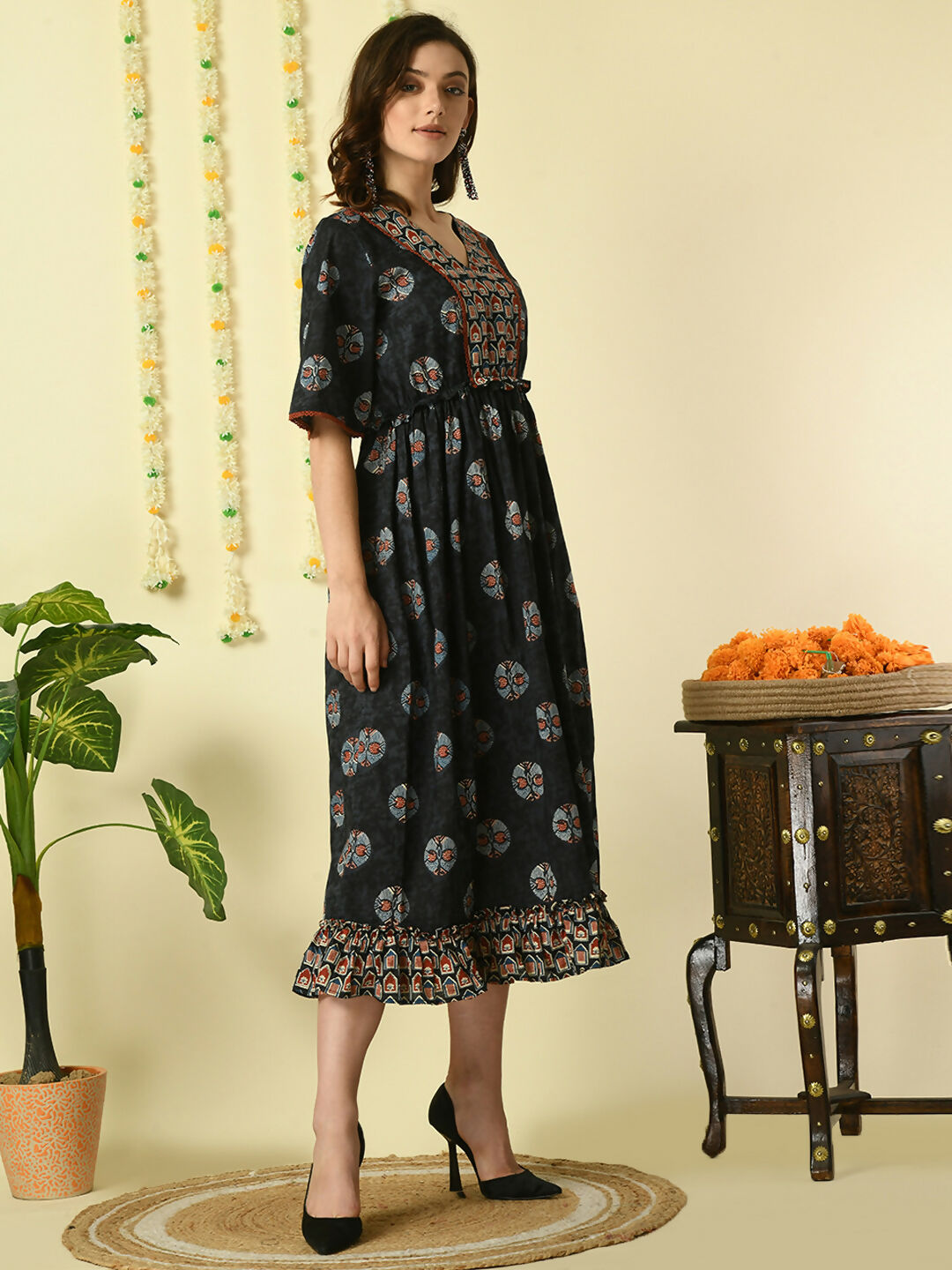 Myshka Women's Black Printed Cotton Party Dress - Distacart