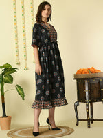 Thumbnail for Myshka Women's Black Printed Cotton Party Dress - Distacart