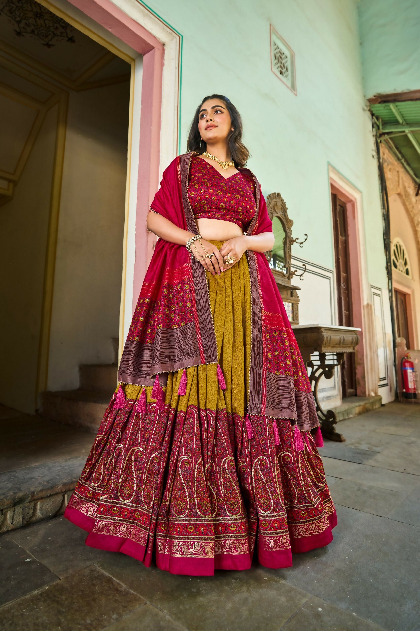 Vastranavya Kashmiri Print With Foil Print Lehenga With Unstitched Printed Blouse - Mustard - Distacart