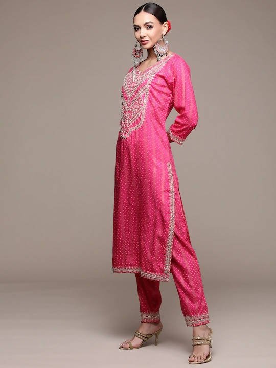 Anubhutee Pink Ethnic Motifs Embroidered Kurta with Trousers & With Dupatta - Distacart