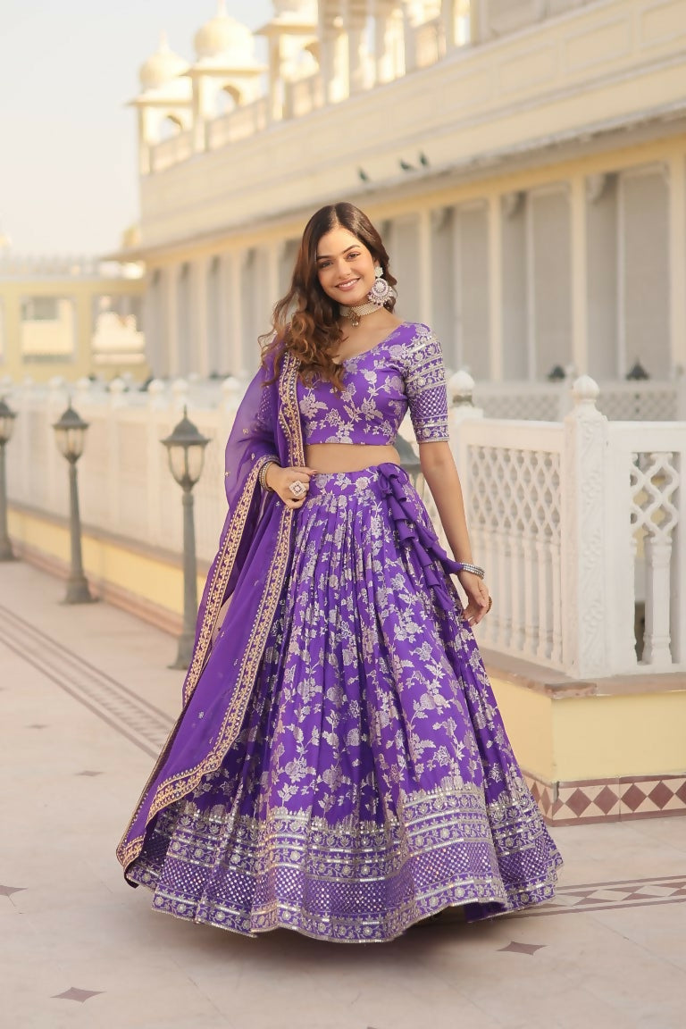Vastranavya Designer Dyeable Pure Viscose Jacquard Fabric Lehenga Choli & Dupatta Set - Purple - Distacart