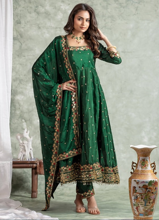 Yash Enterprise Green Silk Embroidery Party Wear Suit Set
