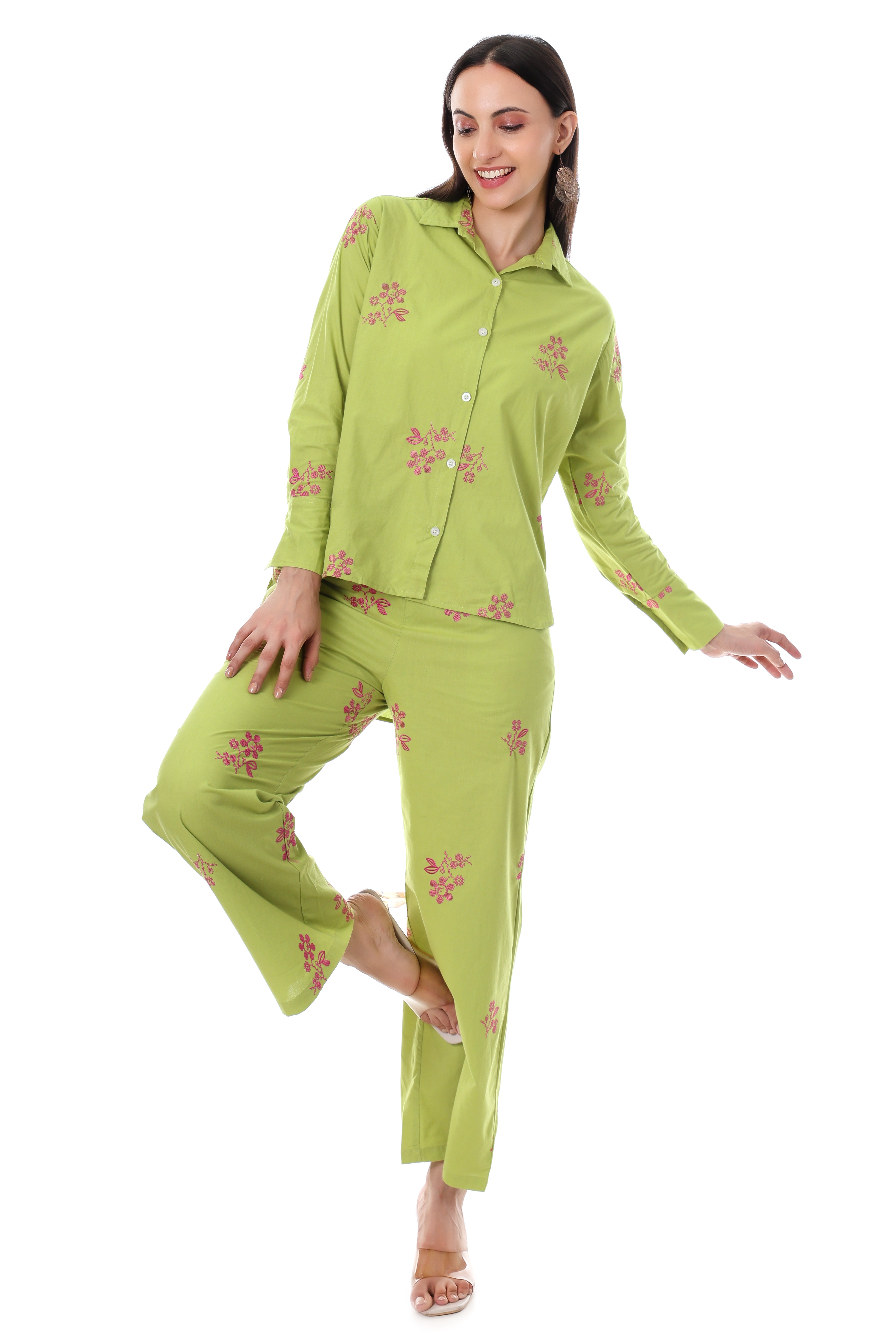 Jaitra Apparels Green Embroidered Premium Pure Cotton Co-Ord Set For Women