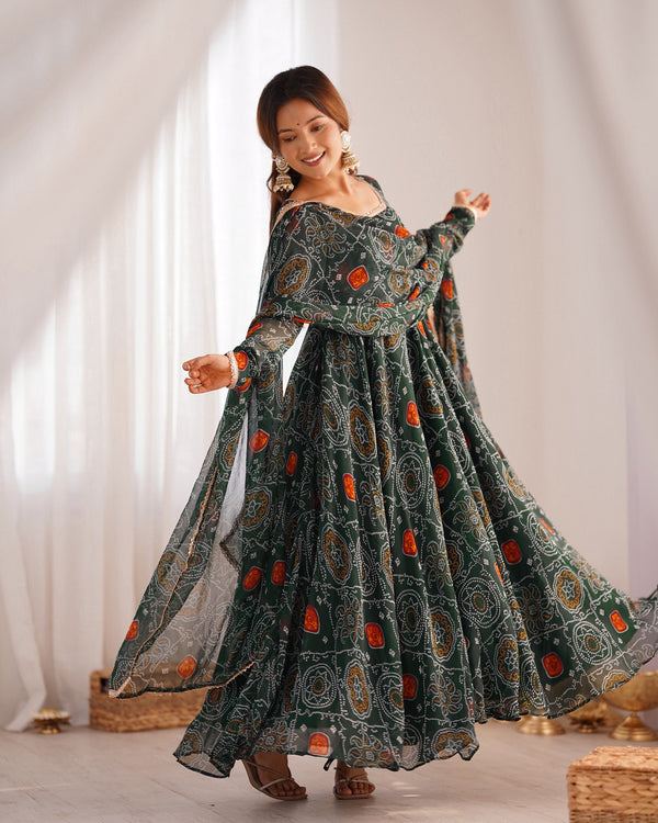 Evanik Green Pure Lightweight Chiffon Bandhej Design Anarkali Pant With Dupatta