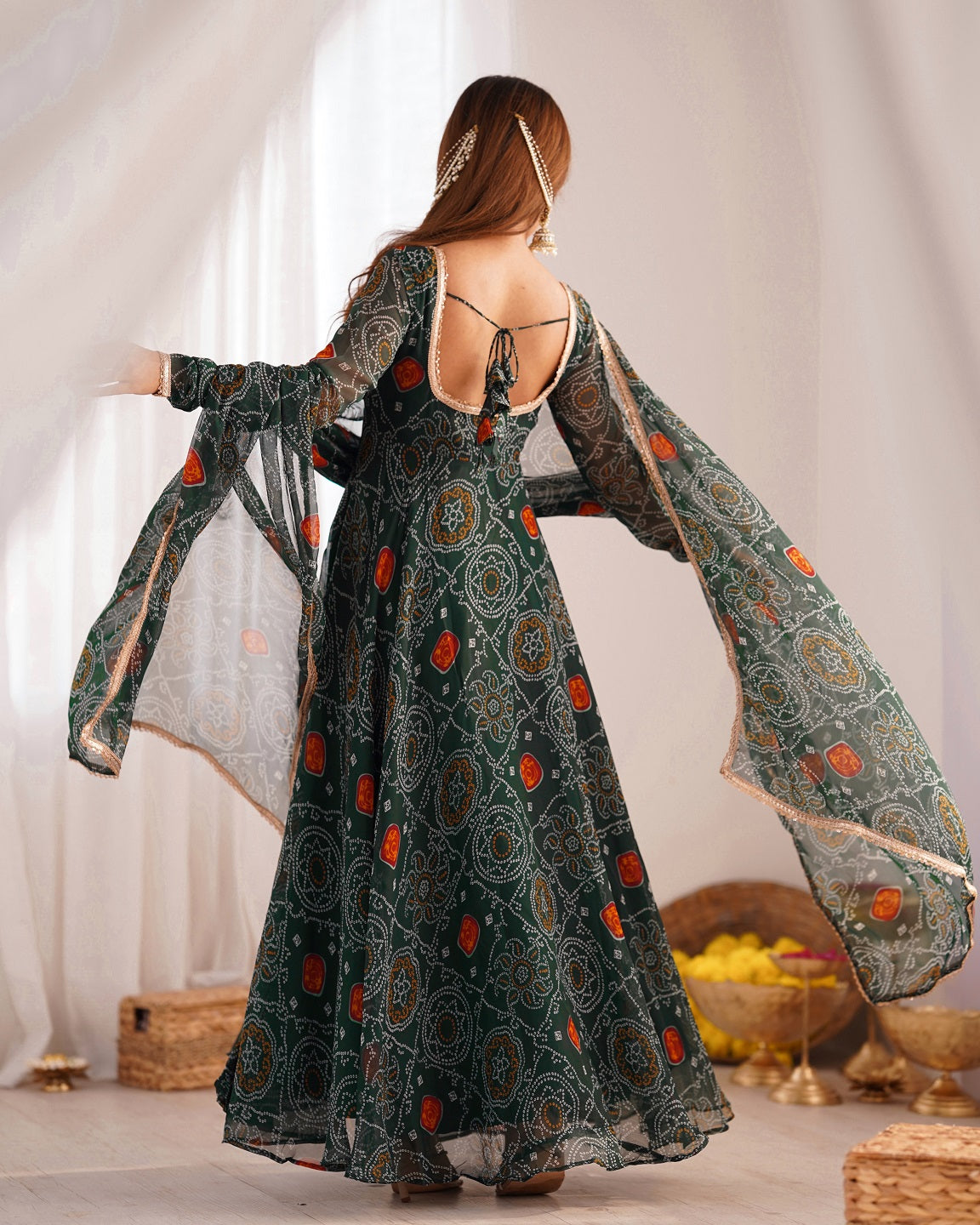 Evanik Green Pure Lightweight Chiffon Bandhej Design Anarkali Pant With Dupatta