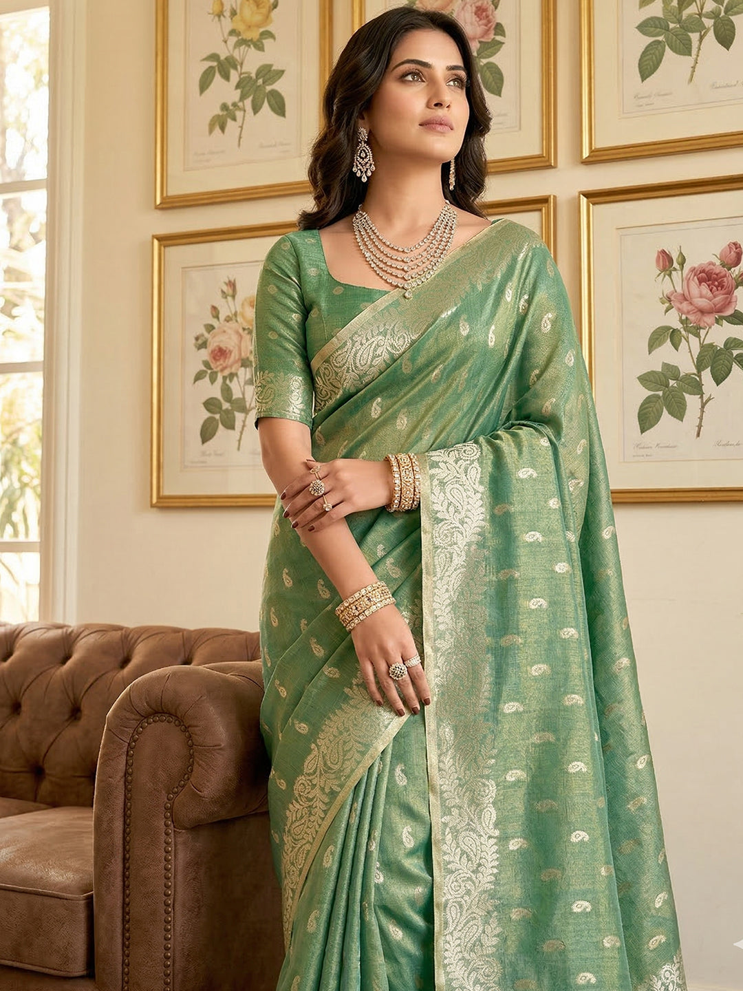 Anaita Green Woven Tissue Silk Saree With Blouse - Dista