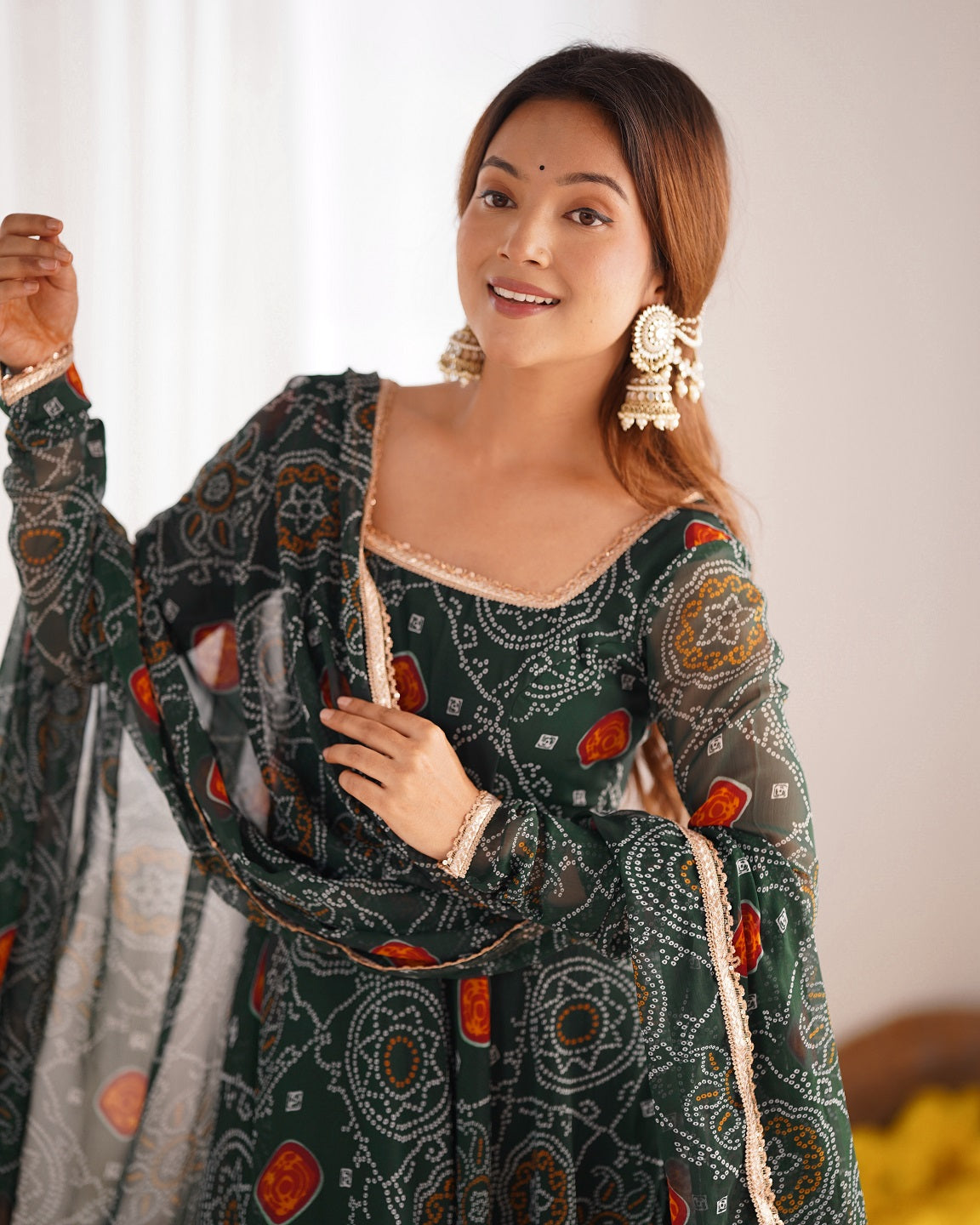 Evanik Green Pure Lightweight Chiffon Bandhej Design Anarkali Pant With Dupatta