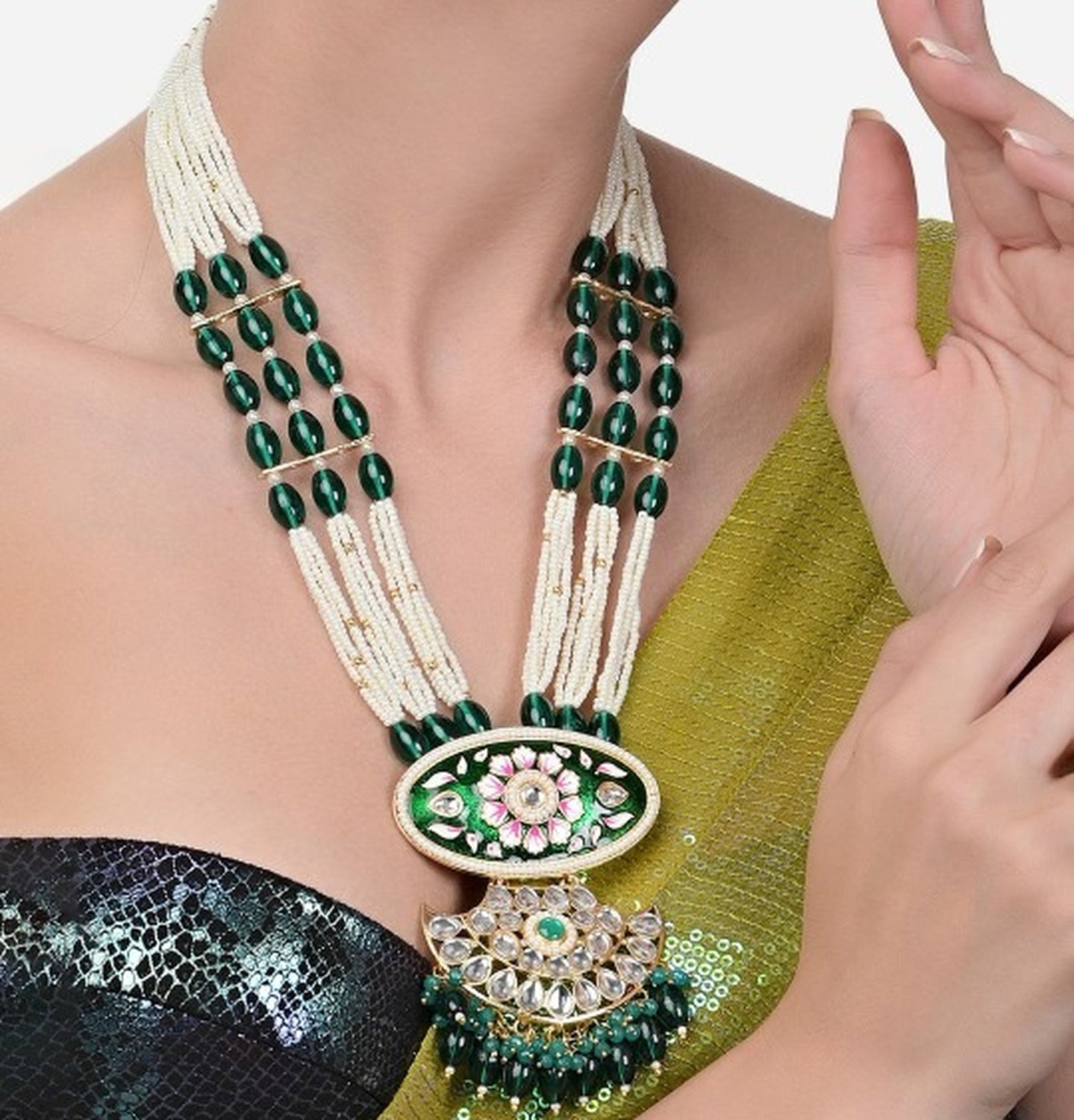 Jewel City Kundan & Green Beaded Layered Necklace Set for Women | Indian Bridal Jewelry with Earrings – Ethnic & Festive Wear