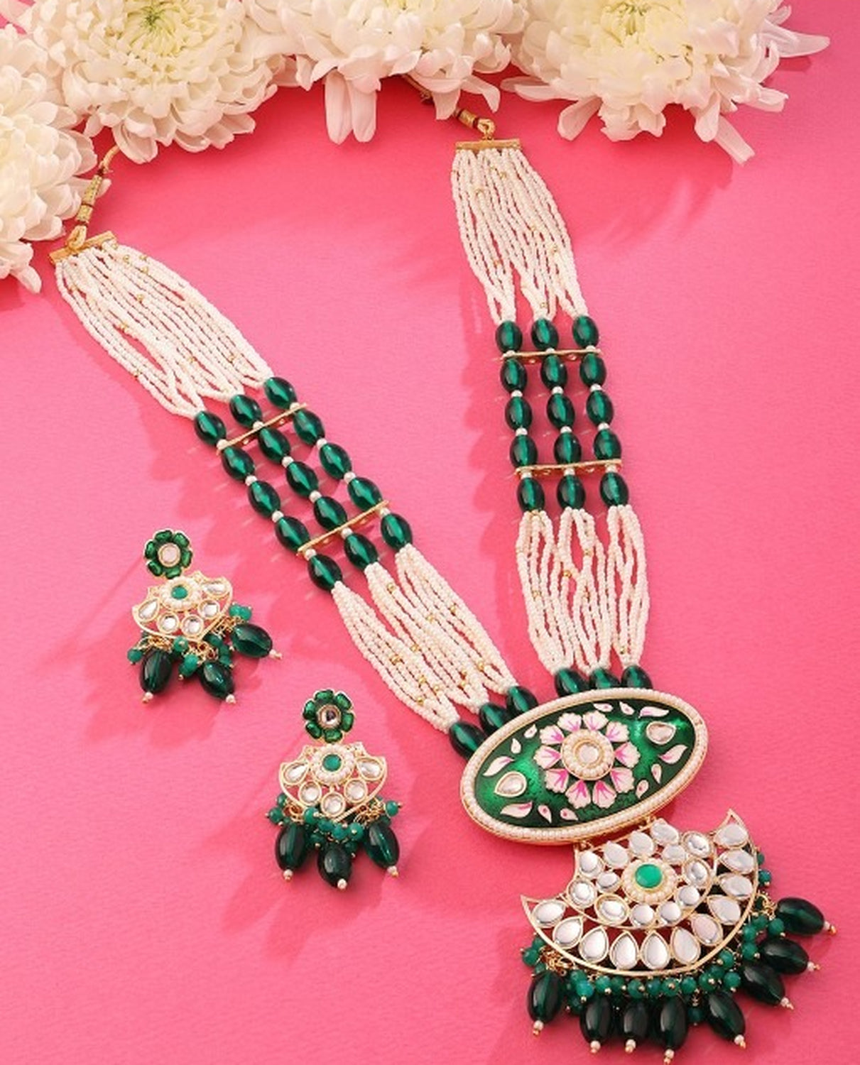 Jewel City Kundan & Green Beaded Layered Necklace Set for Women | Indian Bridal Jewelry with Earrings – Ethnic & Festive Wear