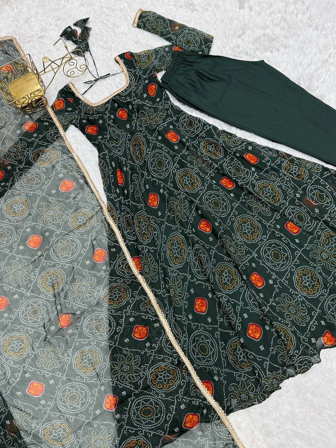 Evanik Green Pure Lightweight Chiffon Bandhej Design Anarkali Pant With Dupatta