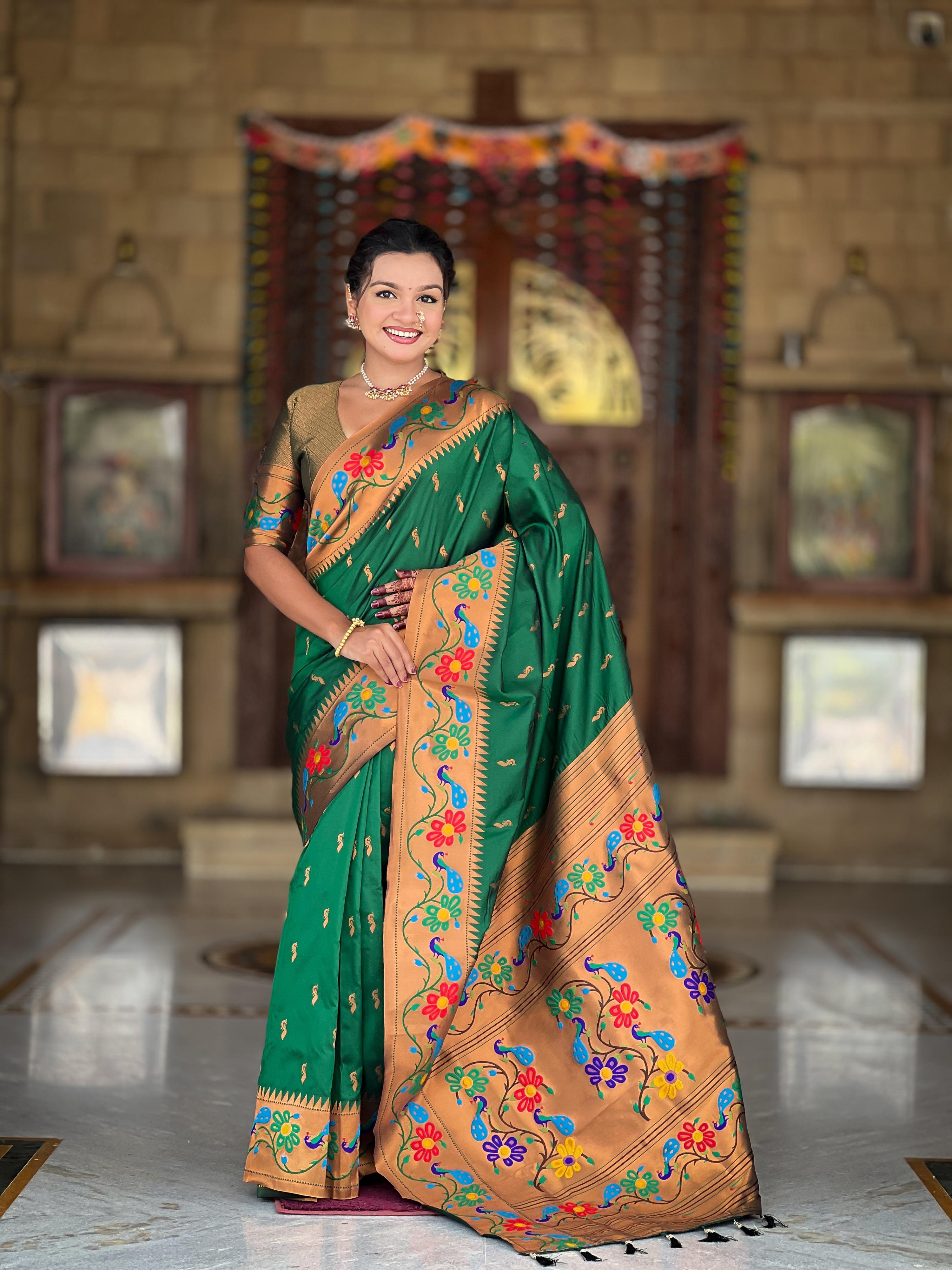 Mameraa Sarees Green Faux Banarasi Silk Saree With Paithani Rich Weaved Pallu And Blouse-Green - Dista