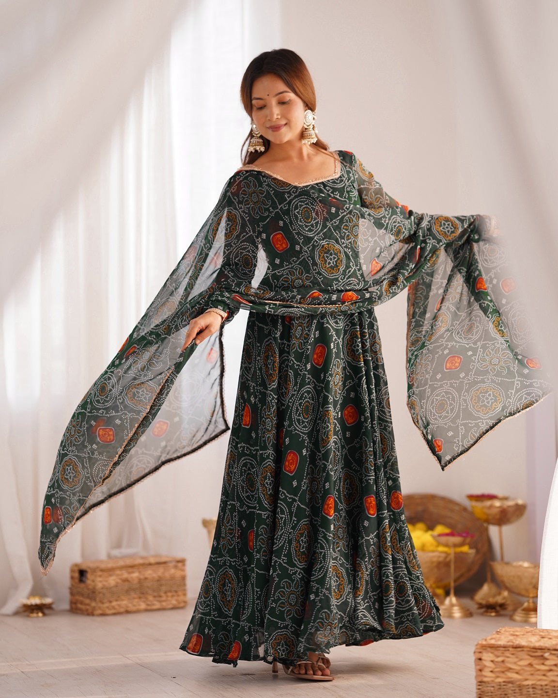 Evanik Green Pure Lightweight Chiffon Bandhej Design Anarkali Pant With Dupatta