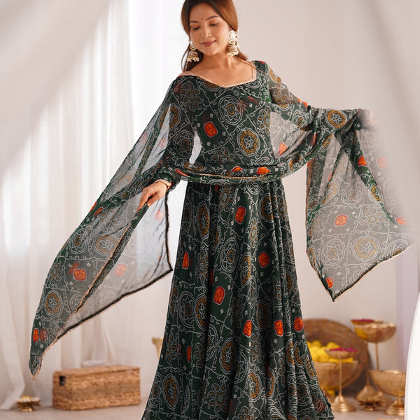 Evanik Green Pure Lightweight Chiffon Bandhej Design Anarkali Pant With Dupatta