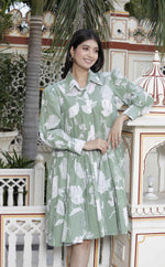 Thumbnail for Miravan Women's Pure Cotton Green Long Puff Sleeve Loose Fit Gathered Fit And Flare Tiered Dress - Distacart