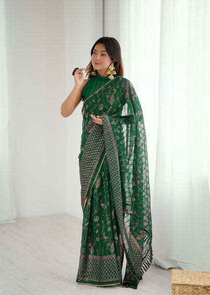 Lorenvalley Fashion Green Solo Georgette Superb Finishing Foils Print & Fancy Zalar Lace in Border Saree with Blouse