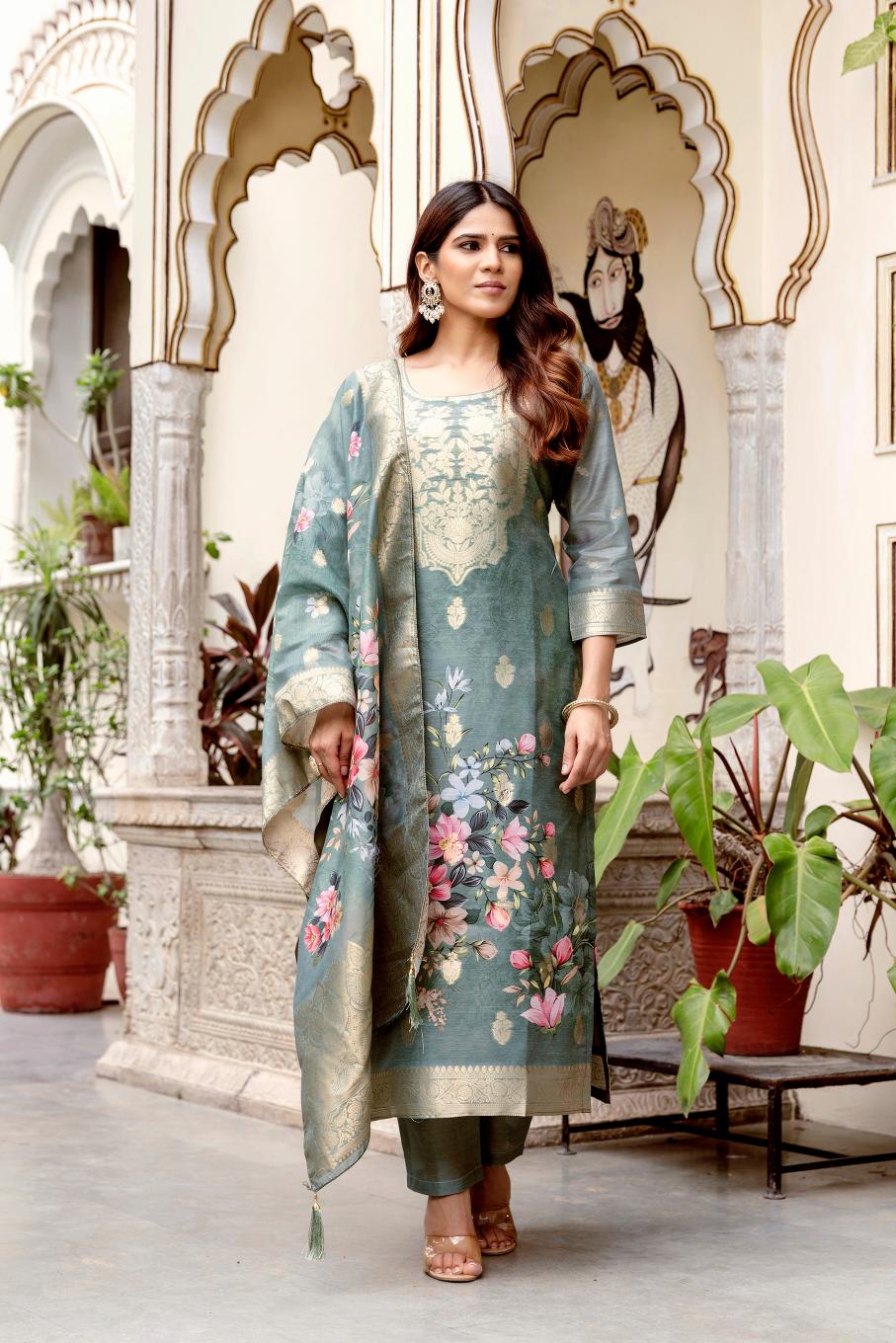 The52 Women Gorgeous Chanderi Cotton Fabric Straight Kurta, Pant and Dupatta Set