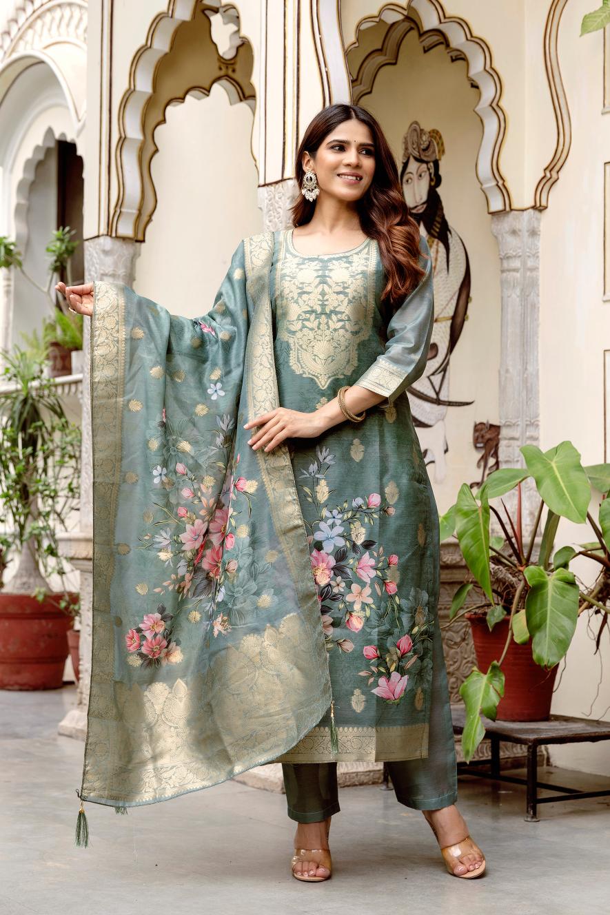 The52 Women Gorgeous Chanderi Cotton Fabric Straight Kurta, Pant and Dupatta Set - Distacart