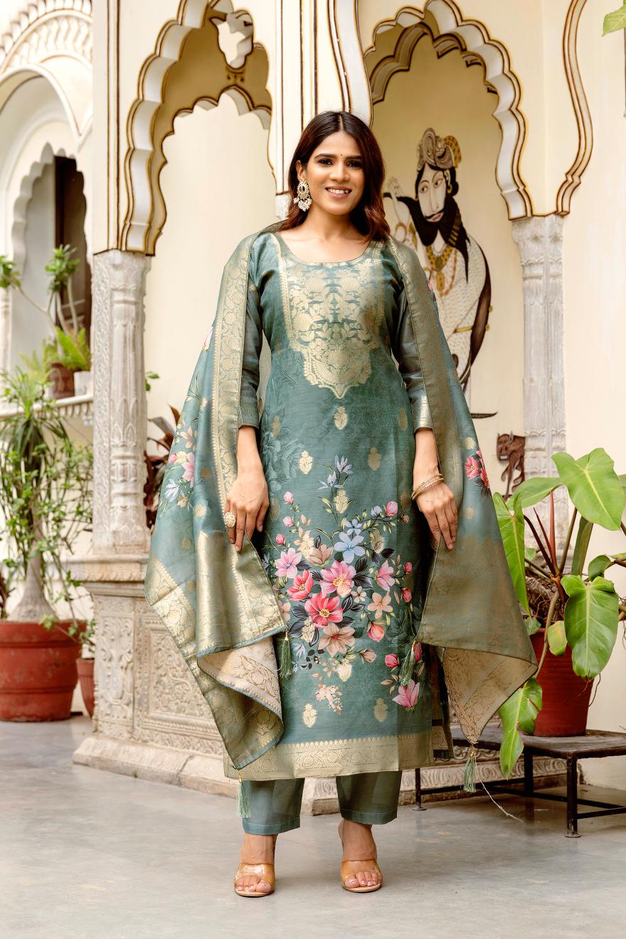 The52 Women Gorgeous Chanderi Cotton Fabric Straight Kurta, Pant and Dupatta Set