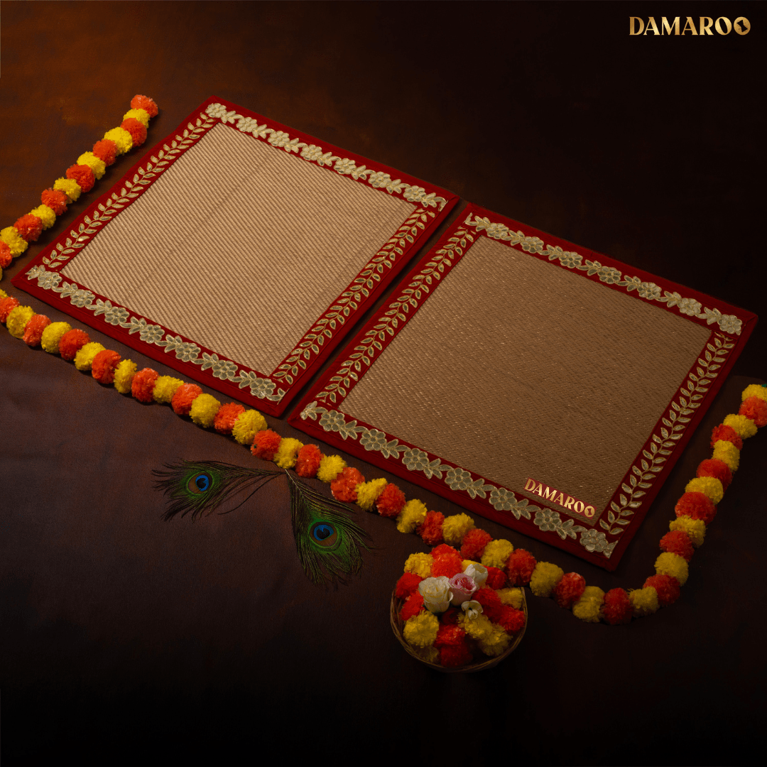 Damaroo Set of 2 | 2x2 ft | Classic Nylon Pooja Aasan | Red Gotapatti Border - Golden - Distacart