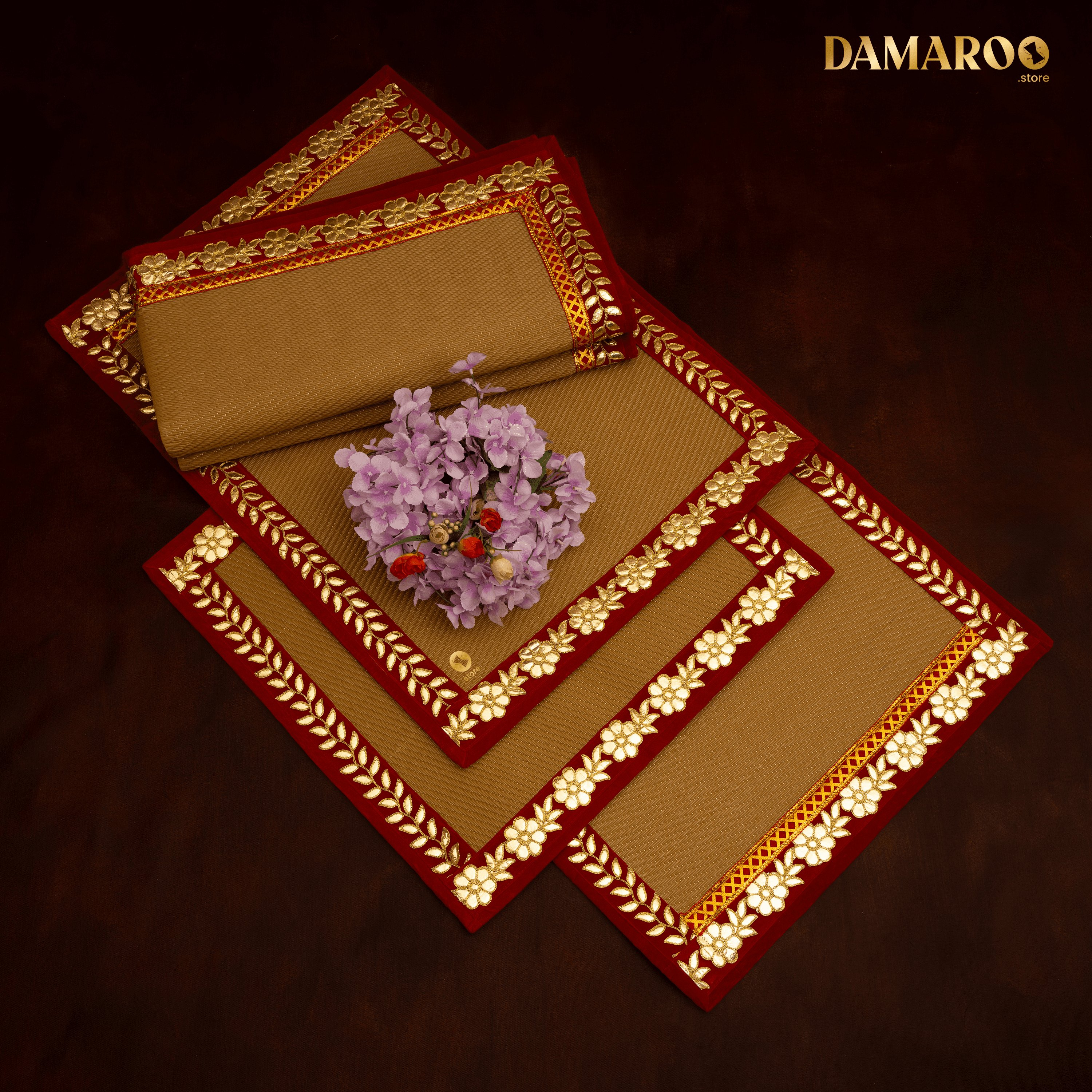 Damaroo Combo Pack of 4 | Classic Nylon Pooja Aasan & Mat | Red Gotapatti Border - Golden - Distacart