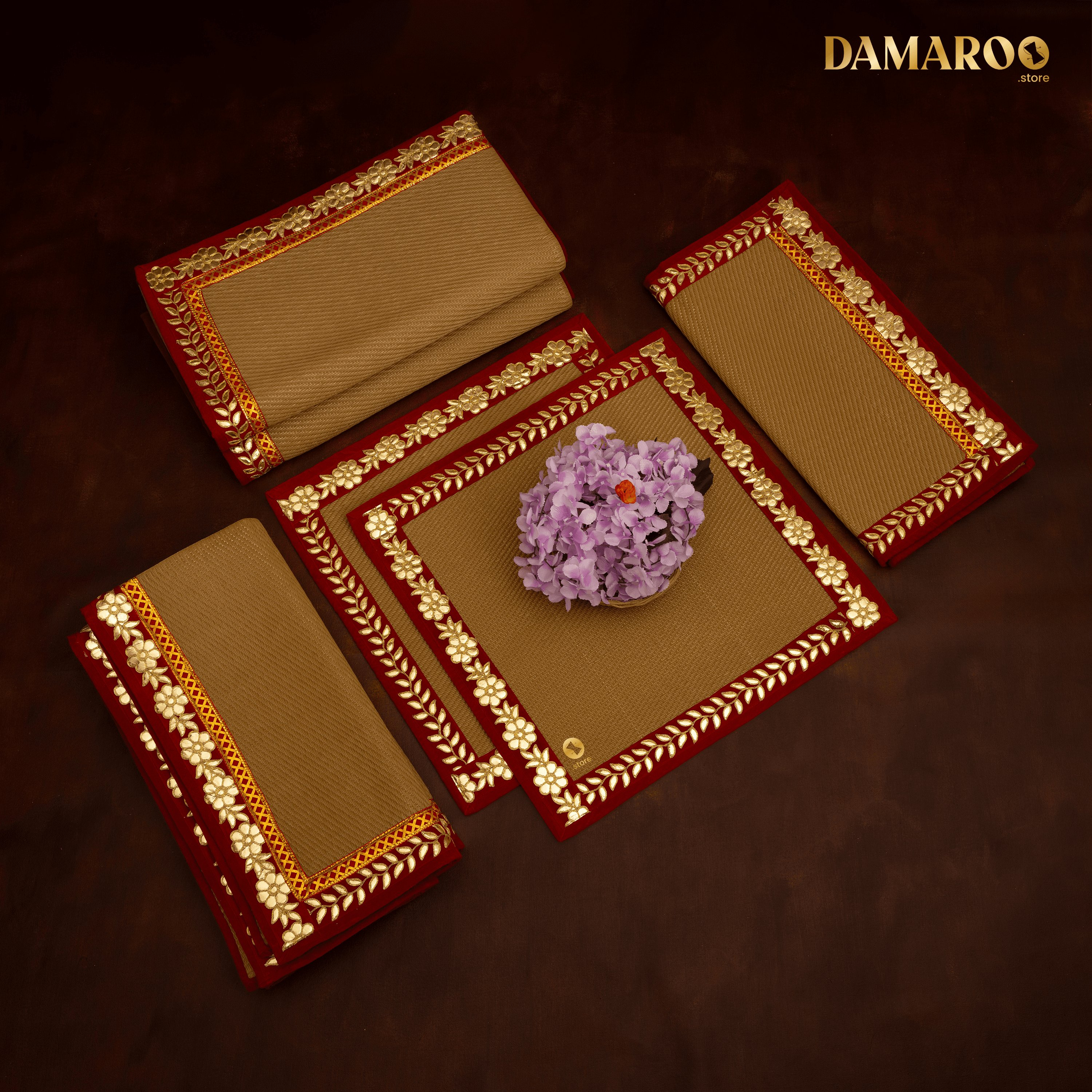 Damaroo Combo Pack of 5 | Classic Nylon Pooja Aasan & Mat | Red Gotapatti Border - Golden - Distacart