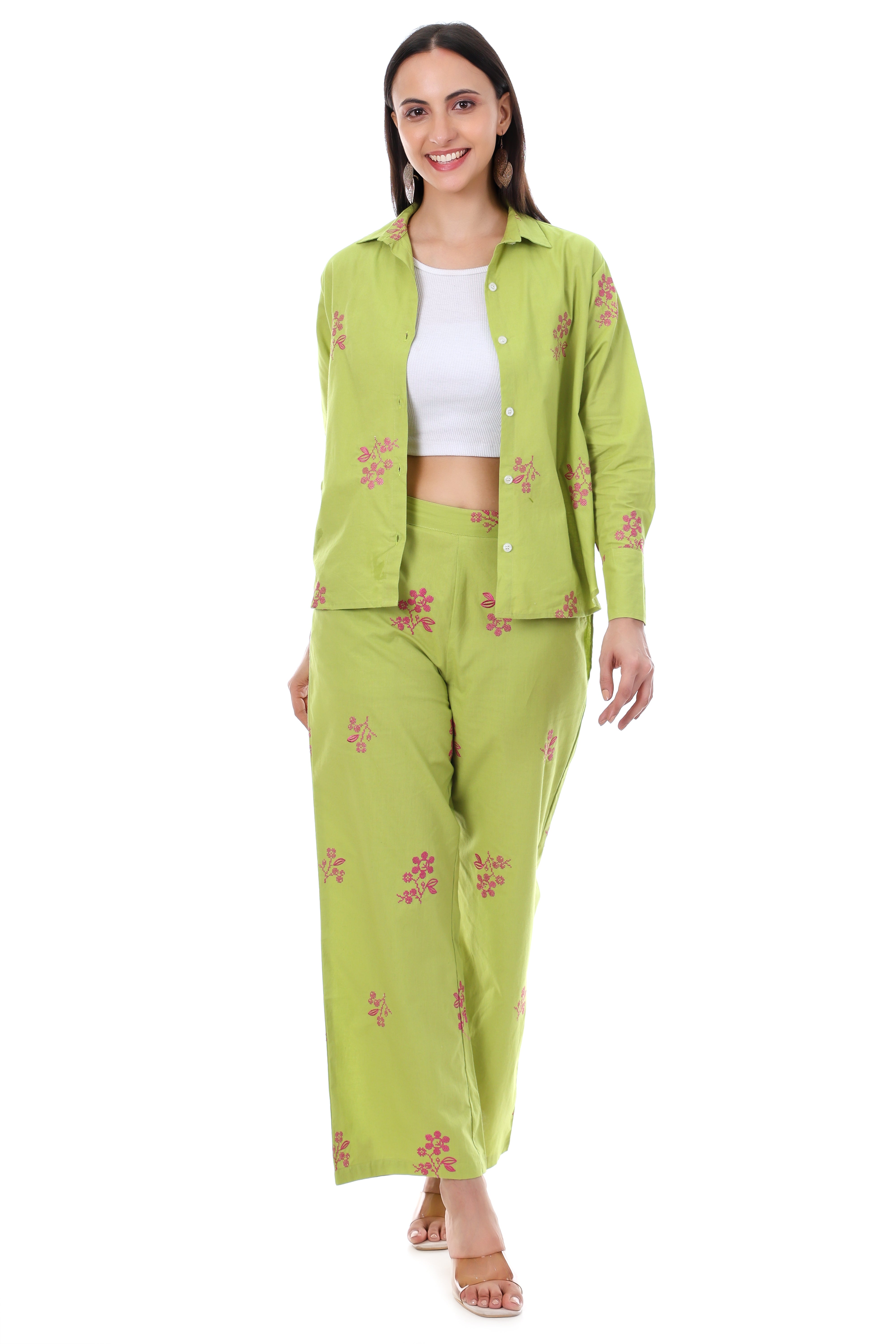 Jaitra Apparels Green Embroidered Premium Pure Cotton Co-Ord Set For Women
