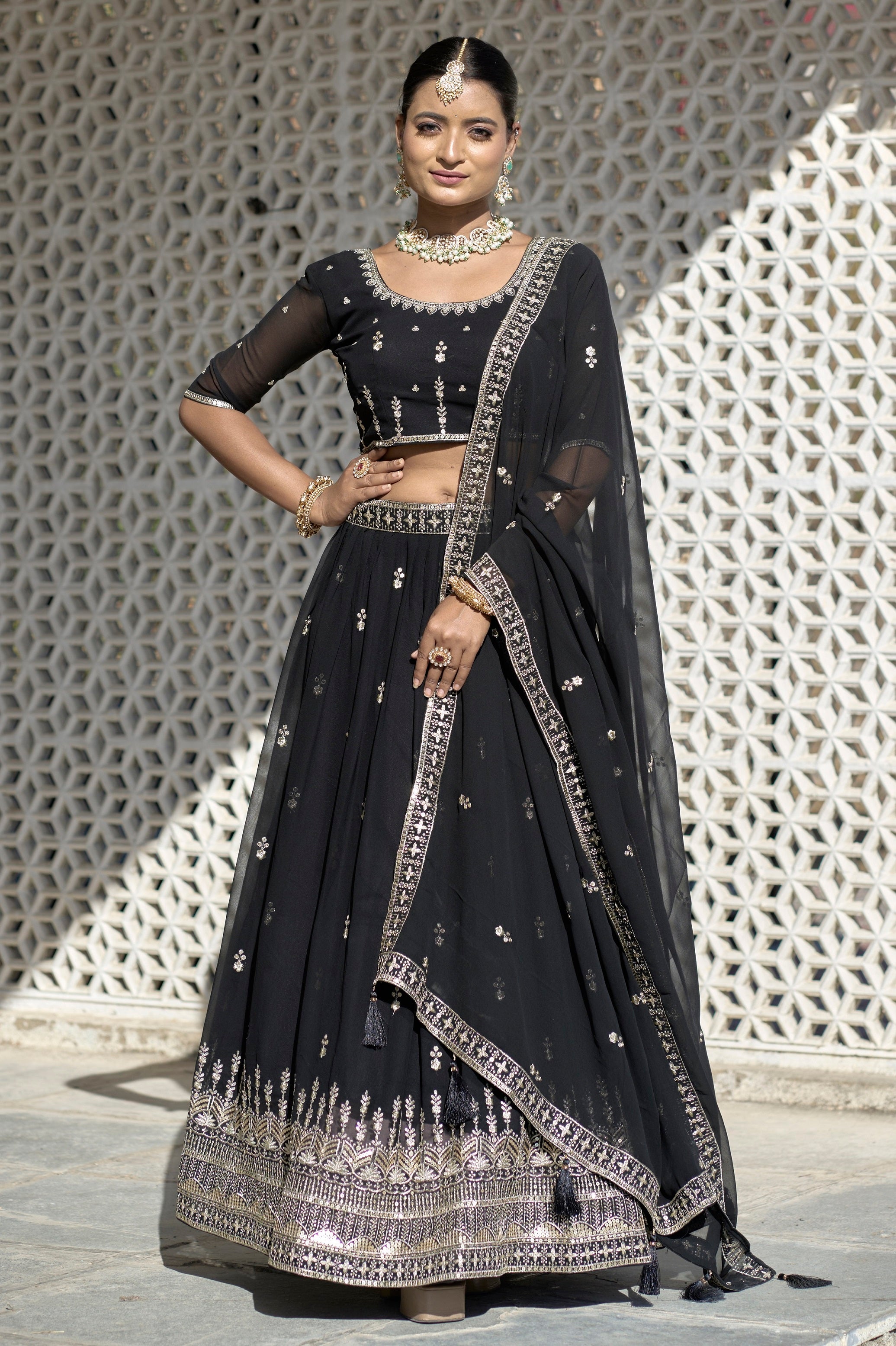 Vedant Vastram Embroidered Heavy Georgette Lehenga Choli With Blouse & Dupatta - Black - Distacart