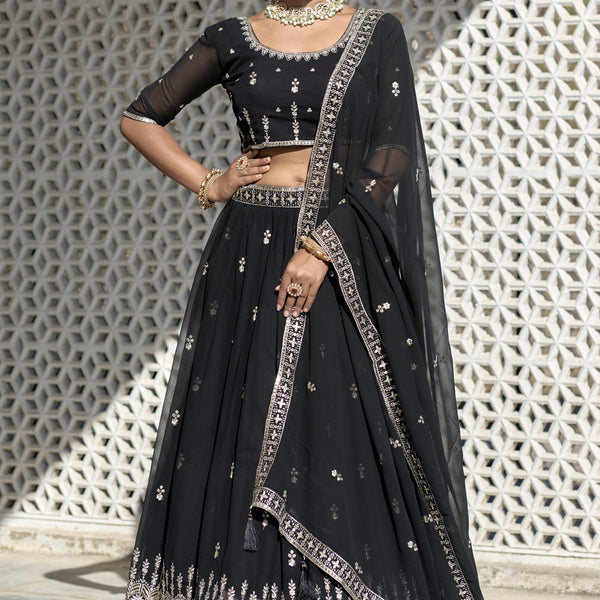Vedant Vastram Embroidered Heavy Georgette Lehenga Choli With Blouse & Dupatta - Black - Distacart