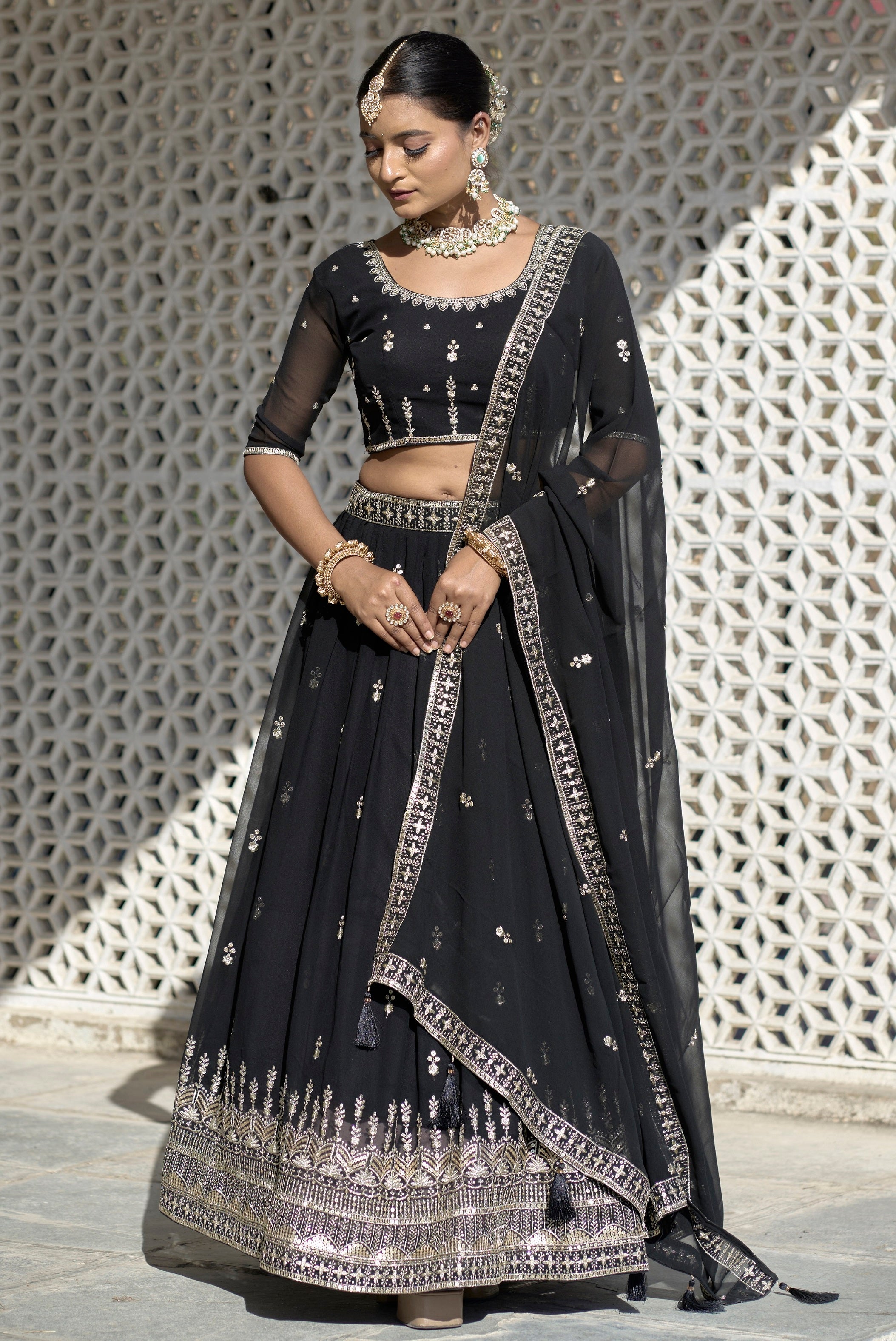 Vedant Vastram Embroidered Heavy Georgette Lehenga Choli With Blouse & Dupatta - Black - Distacart