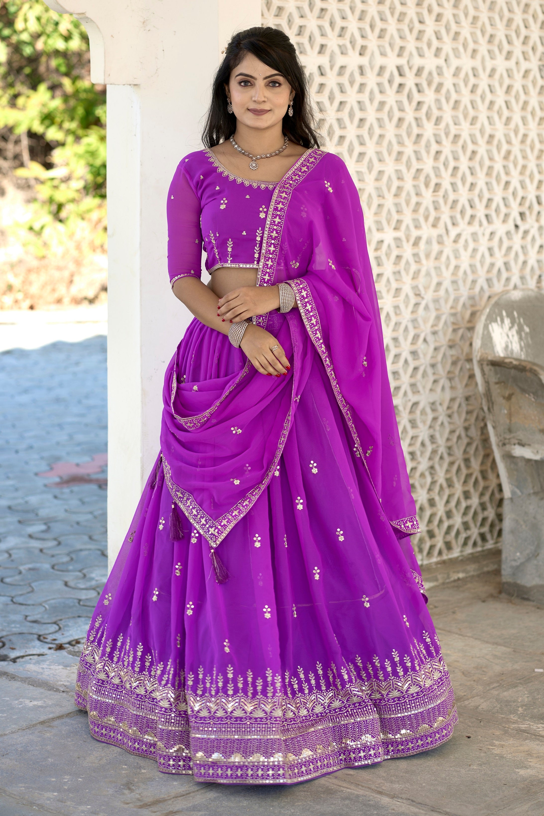 Vedant Vastram Embroidered Heavy Georgette Lehenga Choli With Blouse & Dupatta - Purple - Distacart