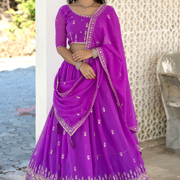 Vedant Vastram Embroidered Heavy Georgette Lehenga Choli With Blouse & Dupatta - Purple - Distacart