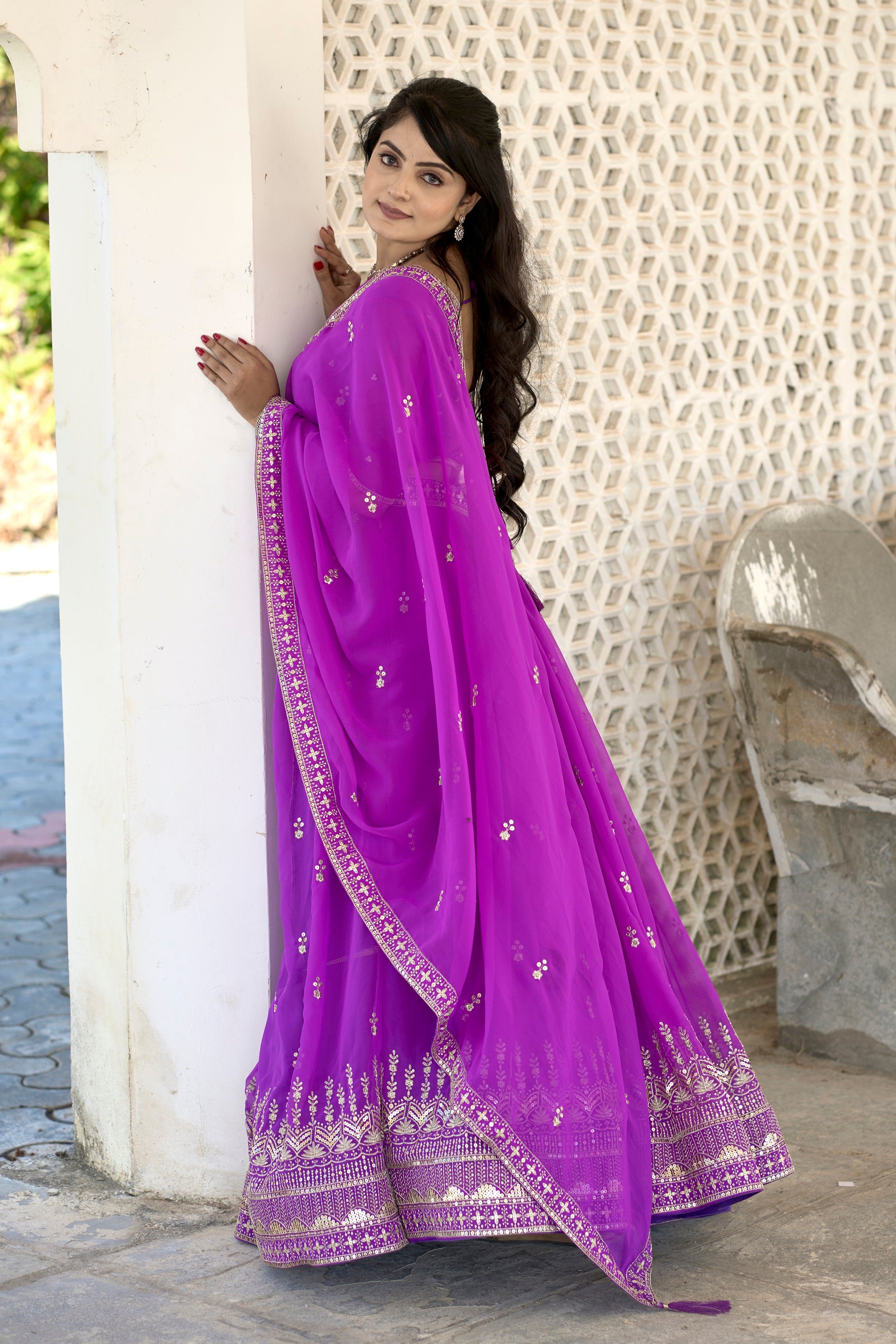 Vedant Vastram Embroidered Heavy Georgette Lehenga Choli With Blouse & Dupatta - Purple - Distacart