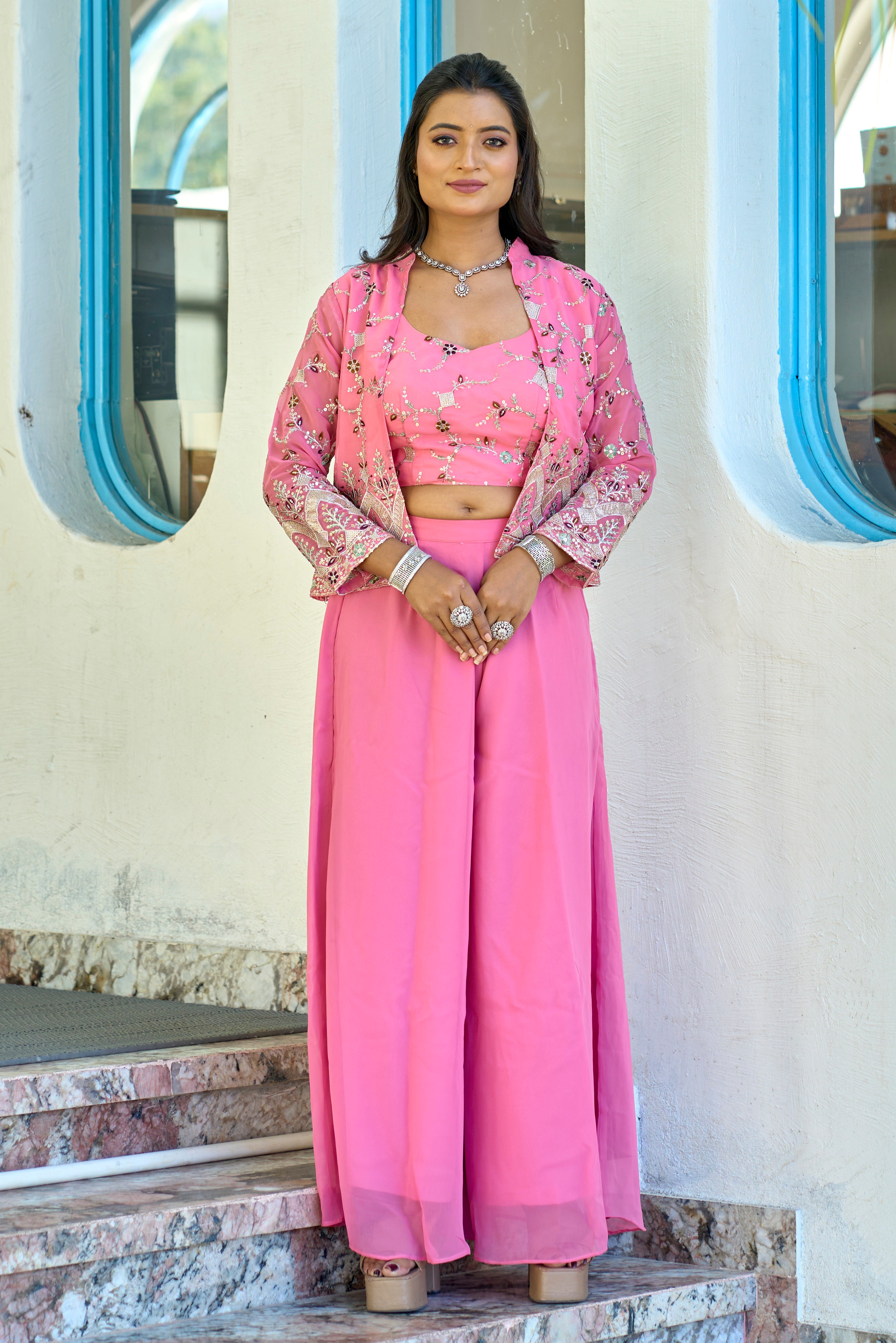 Vedant Vastram Heavy Embroidery & Sequins Work Pure Georgette Plazo Set With Koti - Pink - Distacart