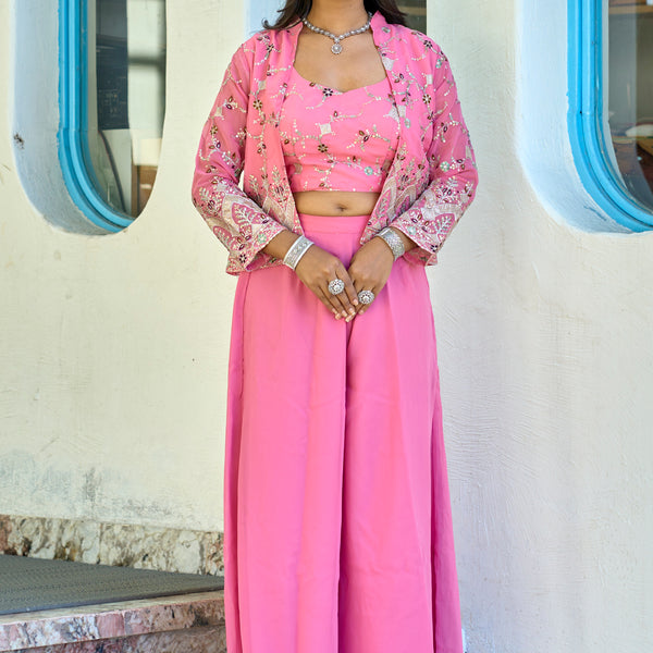 Vedant Vastram Heavy Embroidery & Sequins Work Pure Georgette Plazo Set With Koti - Pink - Distacart
