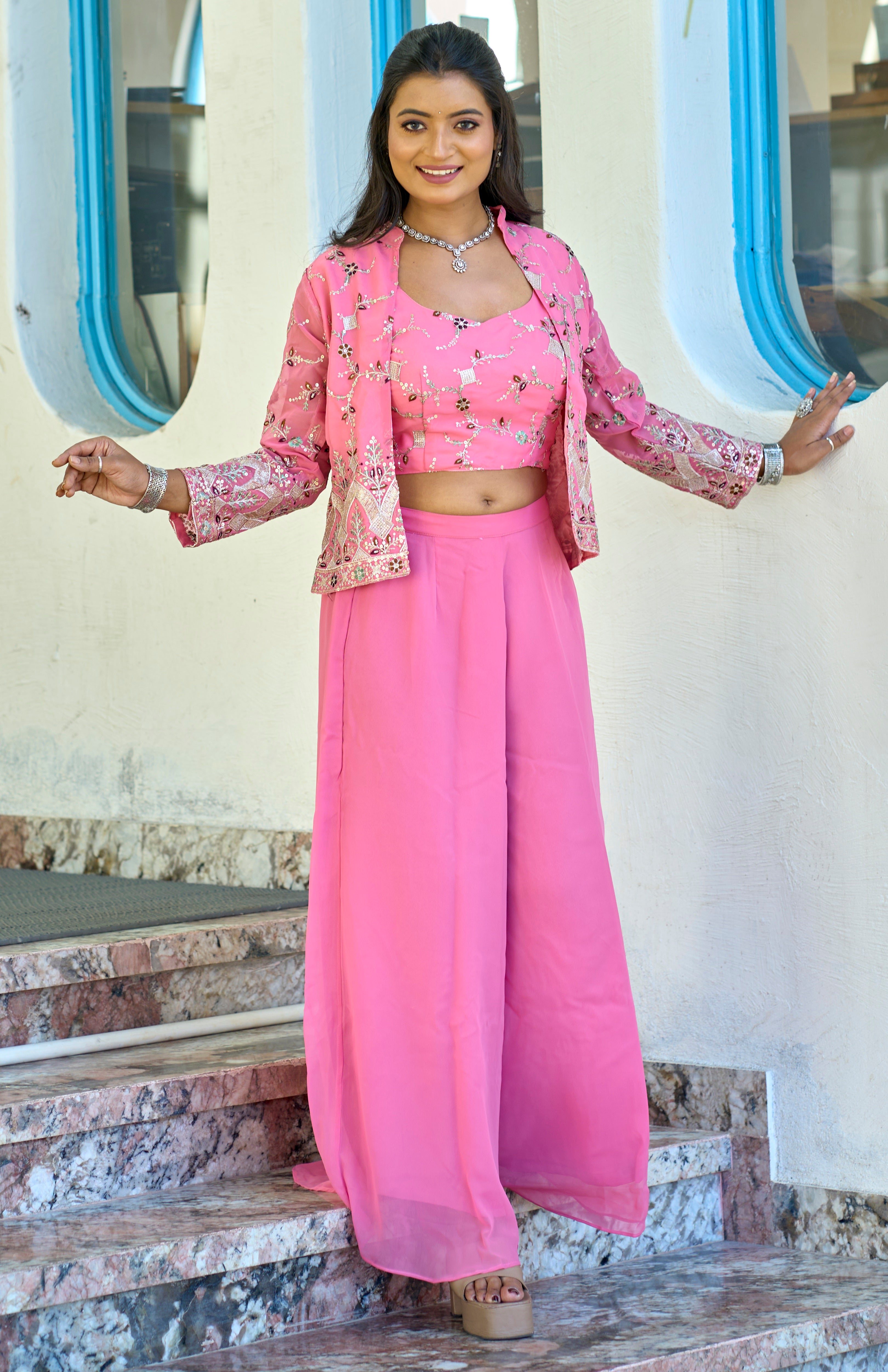 Vedant Vastram Heavy Embroidery & Sequins Work Pure Georgette Plazo Set With Koti - Pink - Distacart