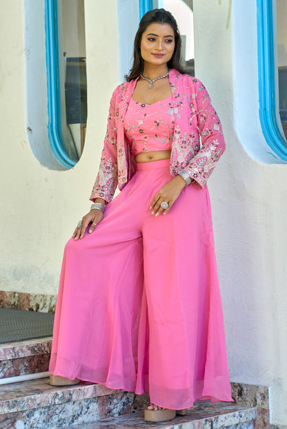 Vedant Vastram Heavy Embroidery & Sequins Work Pure Georgette Plazo Set With Koti - Pink - Distacart