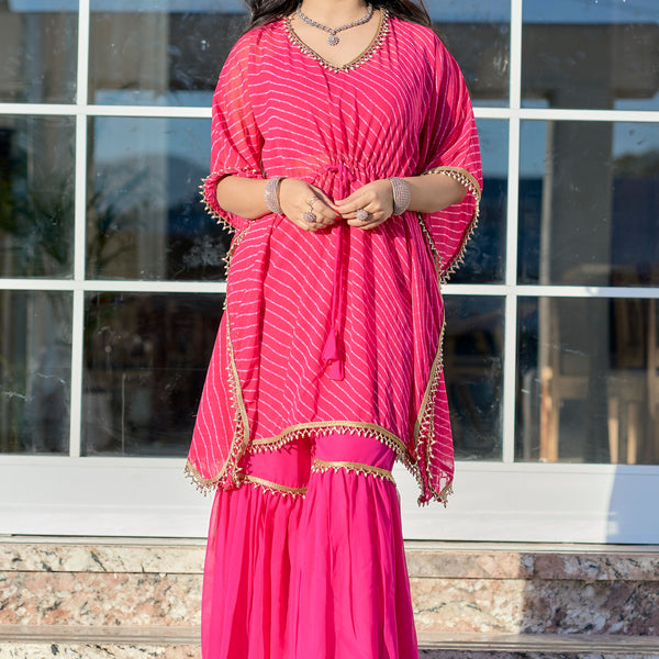 Vedant Vastram Leheriya Print Pure Georgette Sharara Cordset With Kaftan - Pink - Distacart