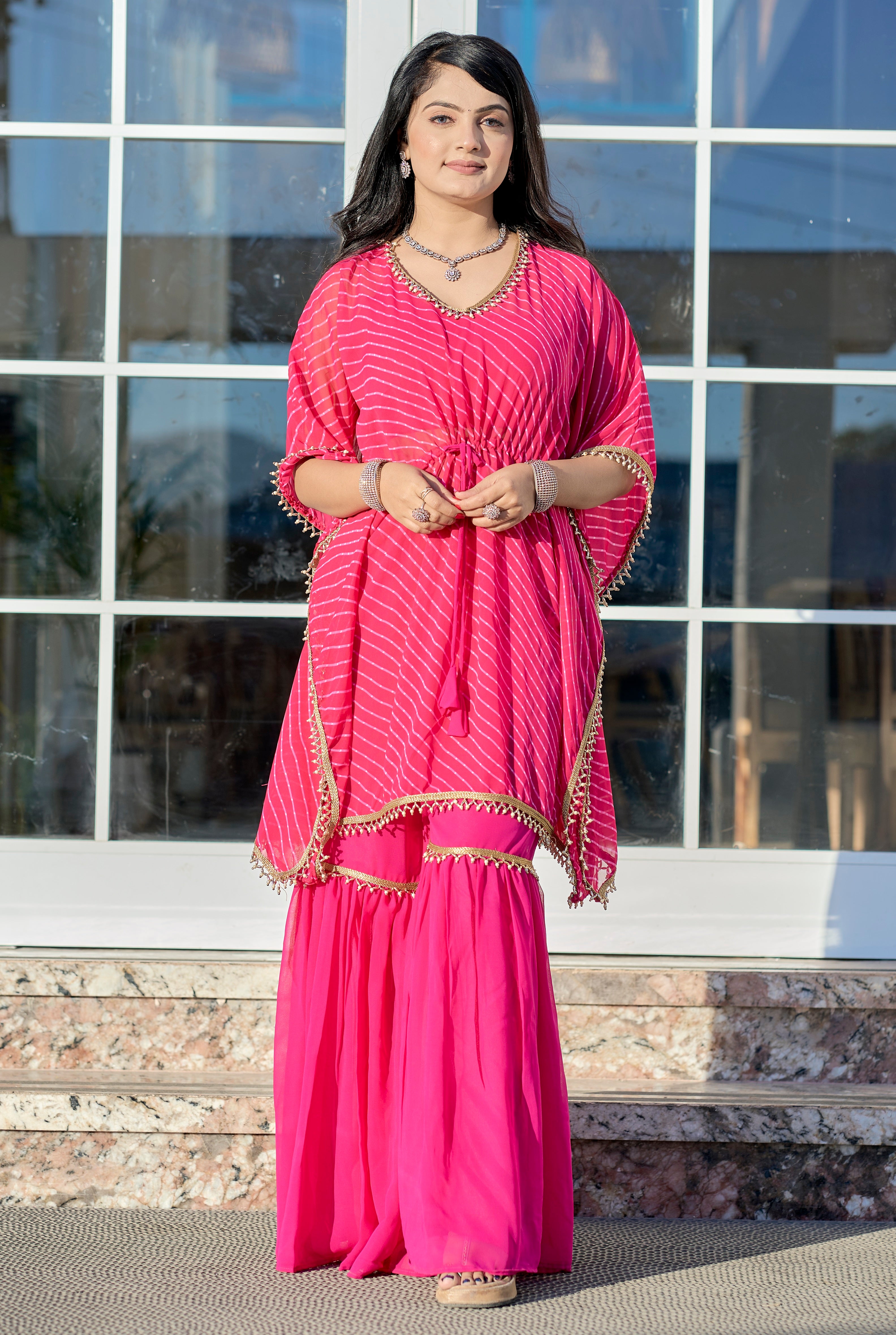 Vedant Vastram Leheriya Print Pure Georgette Sharara Cordset With Kaftan - Pink - Distacart