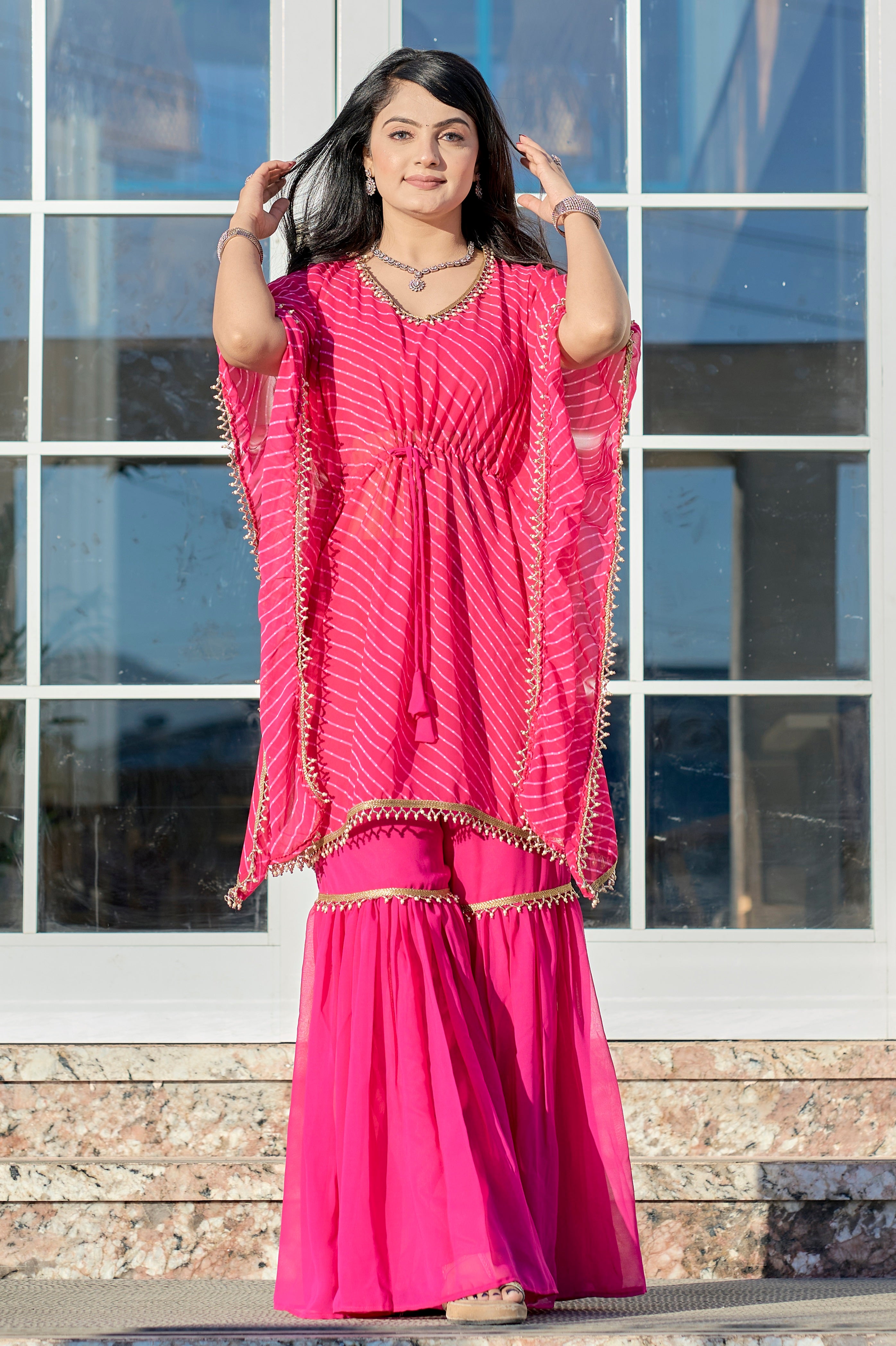 Vedant Vastram Leheriya Print Pure Georgette Sharara Cordset With Kaftan - Pink - Distacart