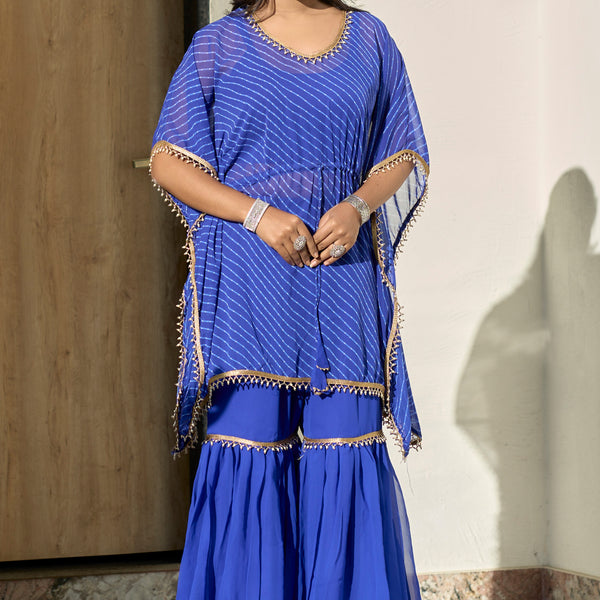 Vedant Vastram Leheriya Print Pure Georgette Sharara Cordset With Kaftan - Royal Blue - Distacart