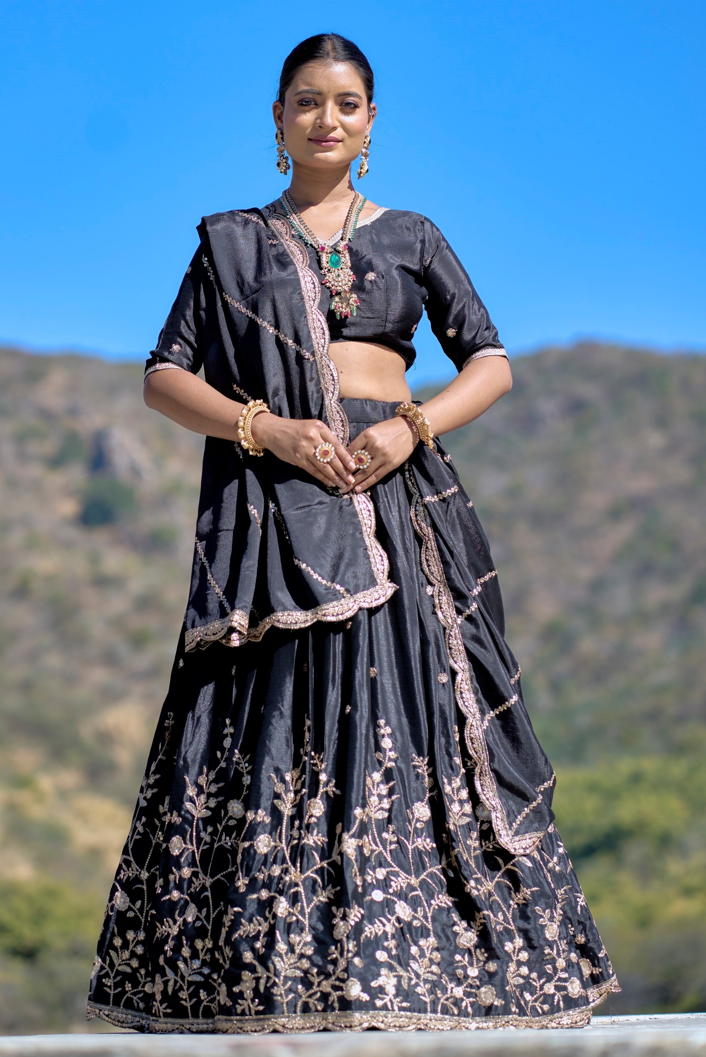 Vedant Vastram Embroidered Heavy Chinon Lehenga Choli With Blouse & Dupatta - Black - Distacart