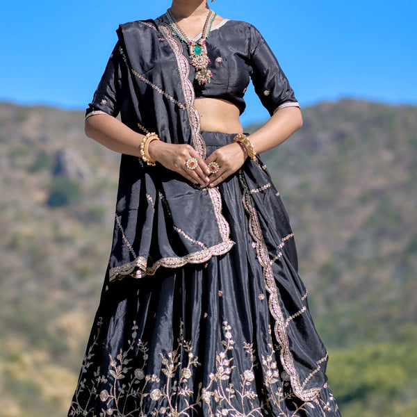 Vedant Vastram Embroidered Heavy Chinon Lehenga Choli With Blouse & Dupatta - Black - Distacart